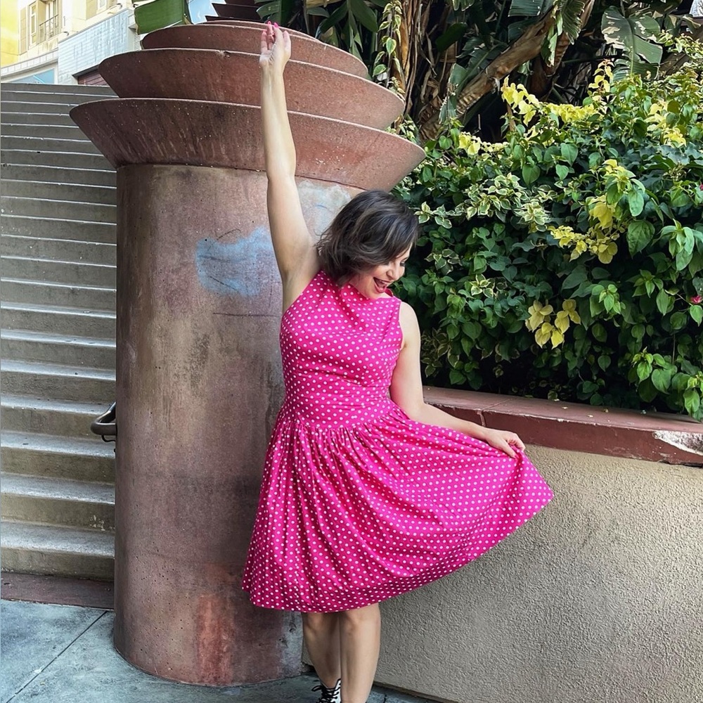 Tracy & Michael Barbie Pink Retro Drop Waist Polka Dot Midi Dress 8 - Picture 3 of 13